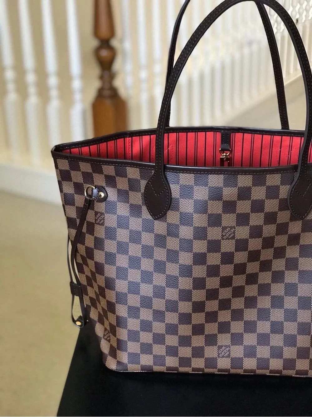 Louis Vuitton Brown Damier Tote with Red Interior